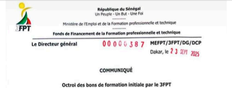 Octroi de bons de formation initiale par le 3FPT (2025-2026)